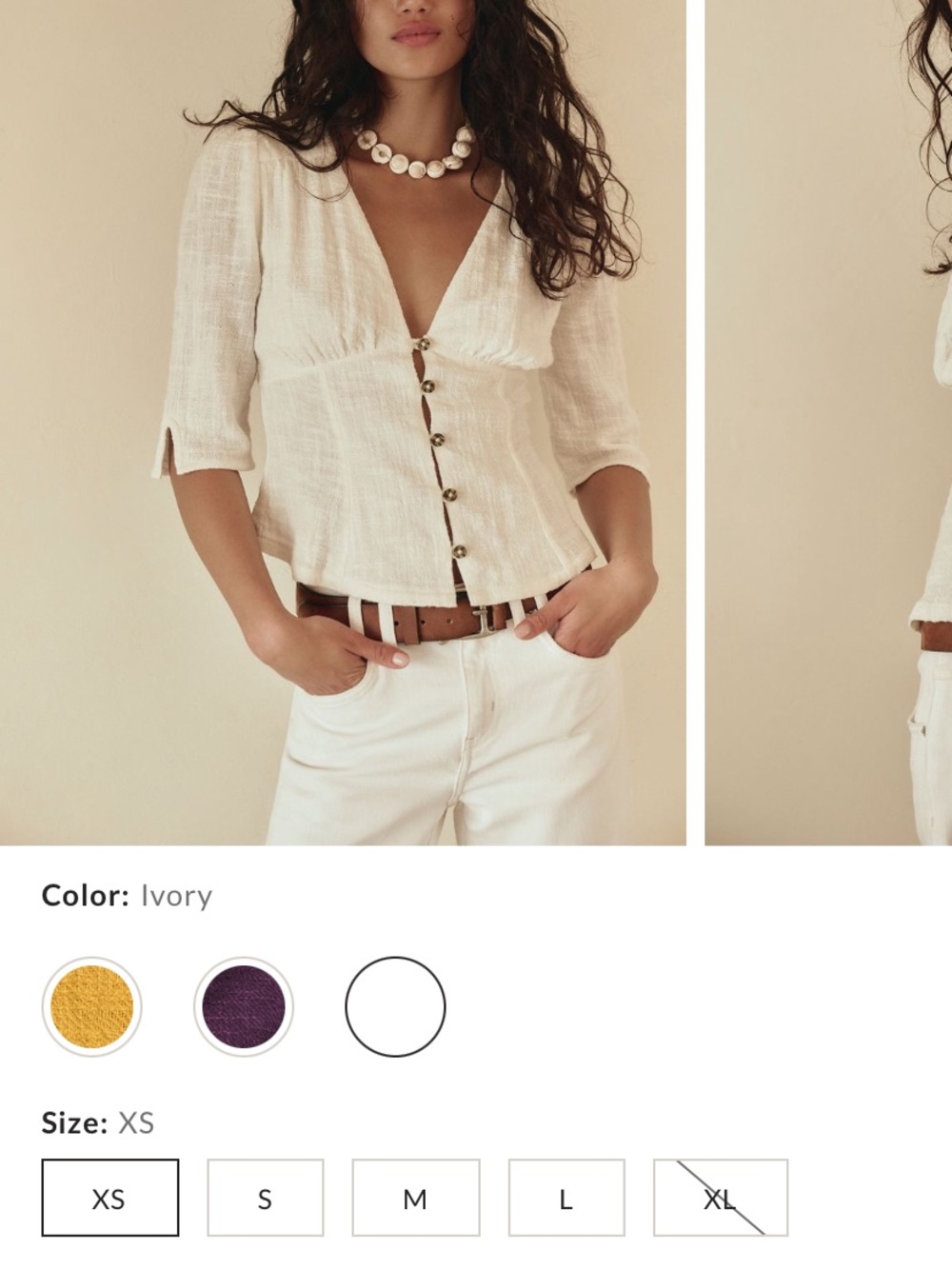 Free People Breanna Top- Ivory Button-Front V-Neck Peasant Blouse